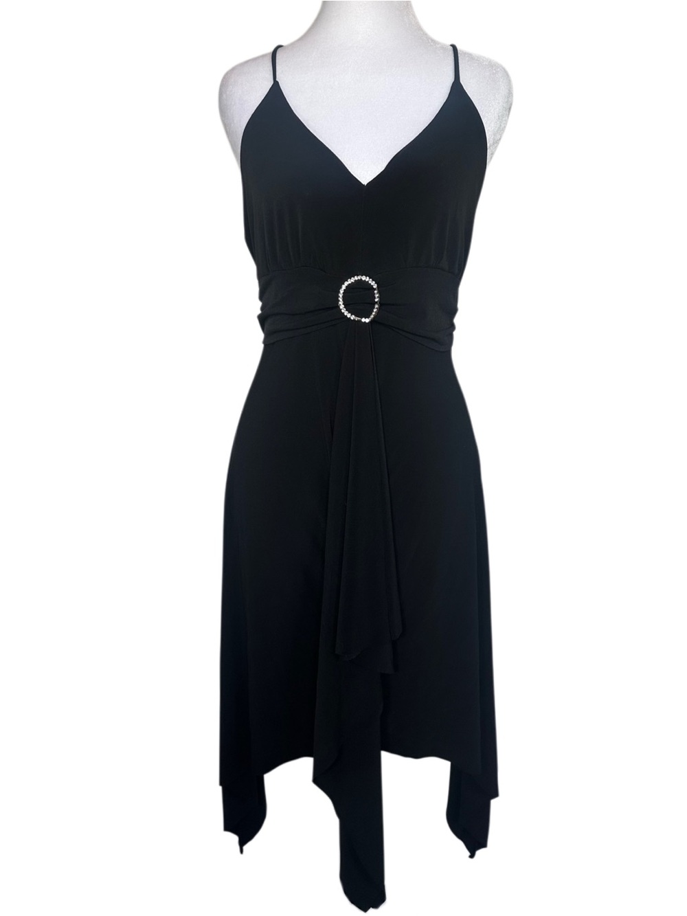 VTG Y2K Rag & Co Black Handkerchief-Hem Midi Dress with Rhinestone Accent